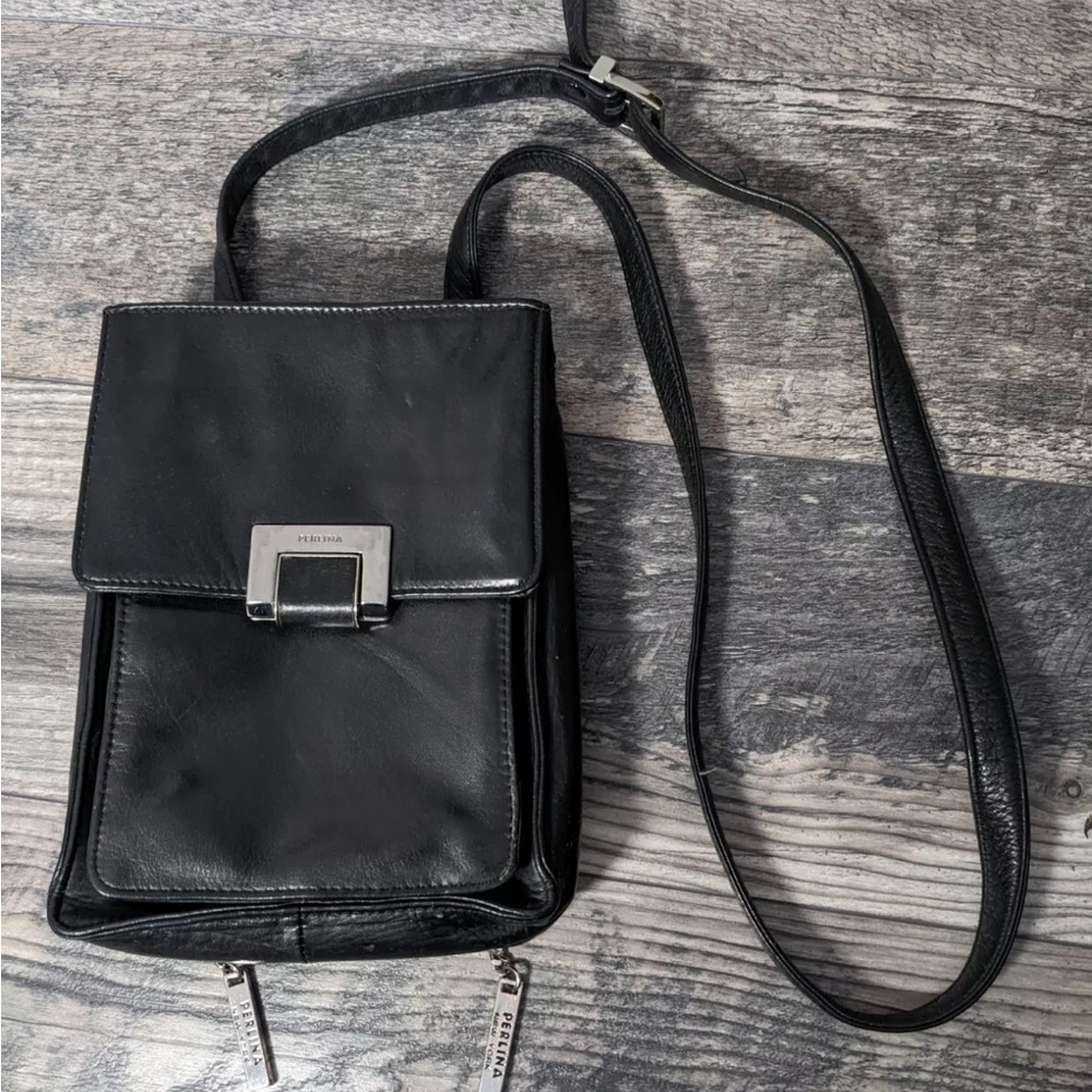 Perlina Black Leather Crossbody Wallet Card Holder Shoulder Bag